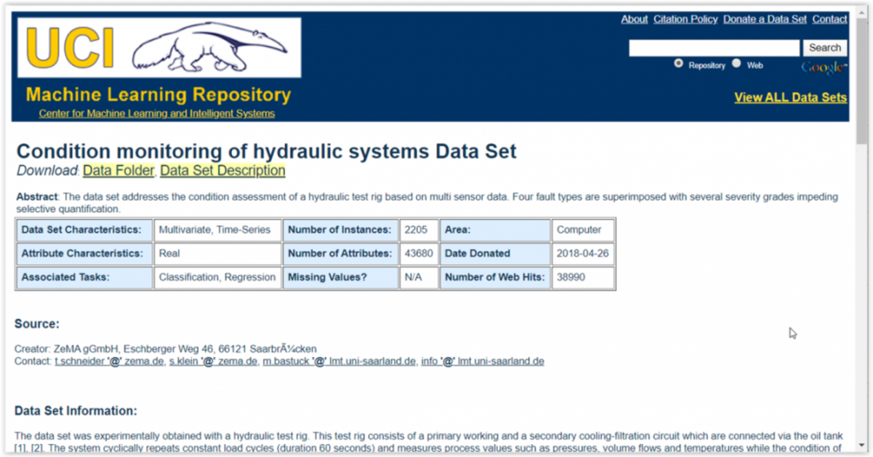UCI Machine Learning Repository open data analytics for predictive maintenance