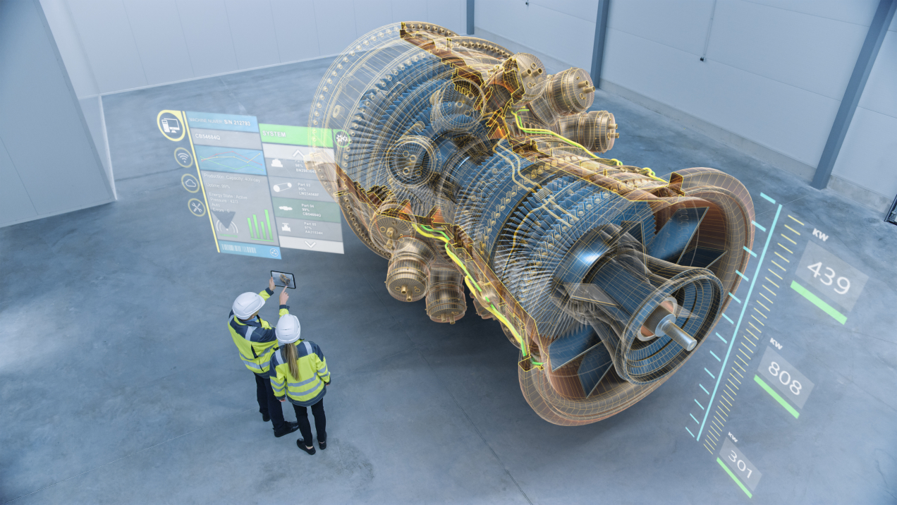 Two maintenance engineers looking at the conditions of a turbine in a Digital Twin