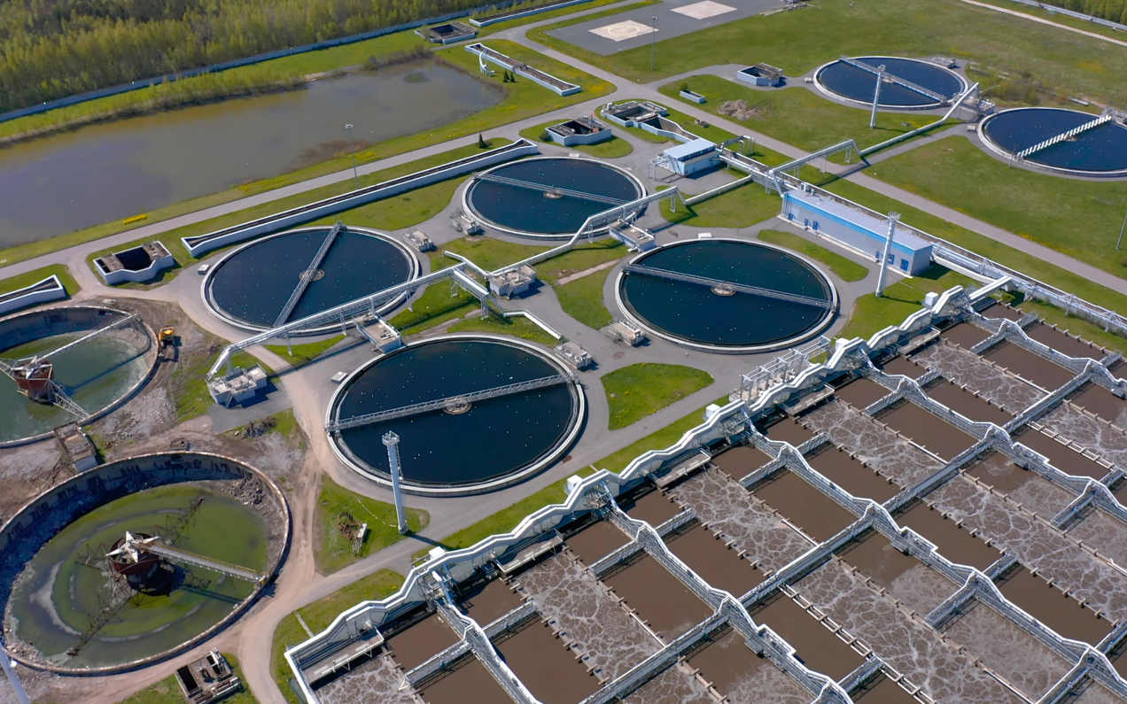Aerial view of wastewater treatment plant and pumping station with optimized maintenance