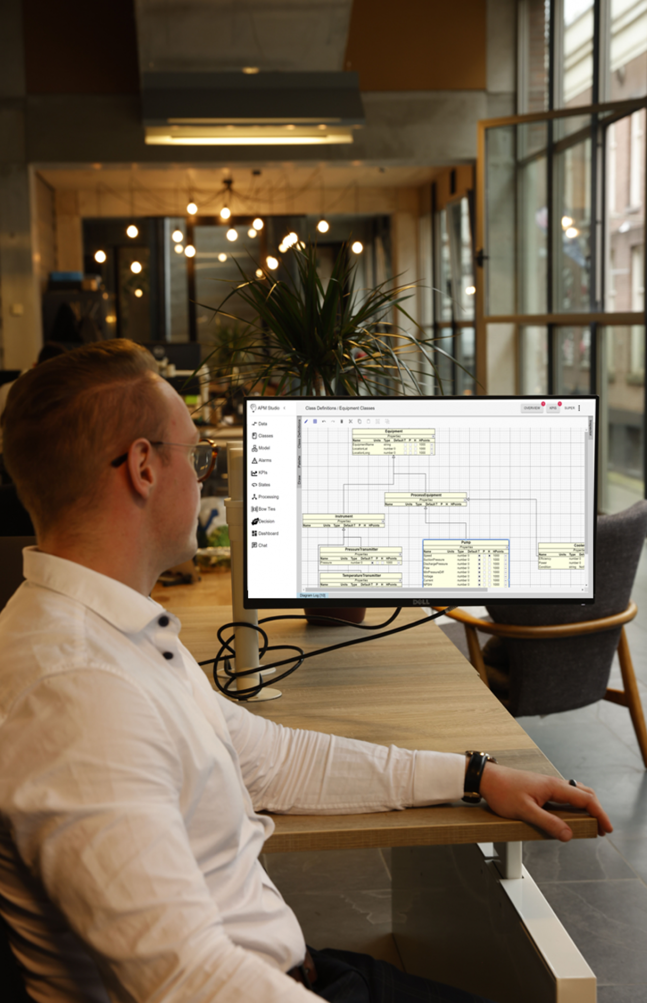 Engineer looking at Classes in APM Studio, showing templates of equipment to make a digital twin of an asset