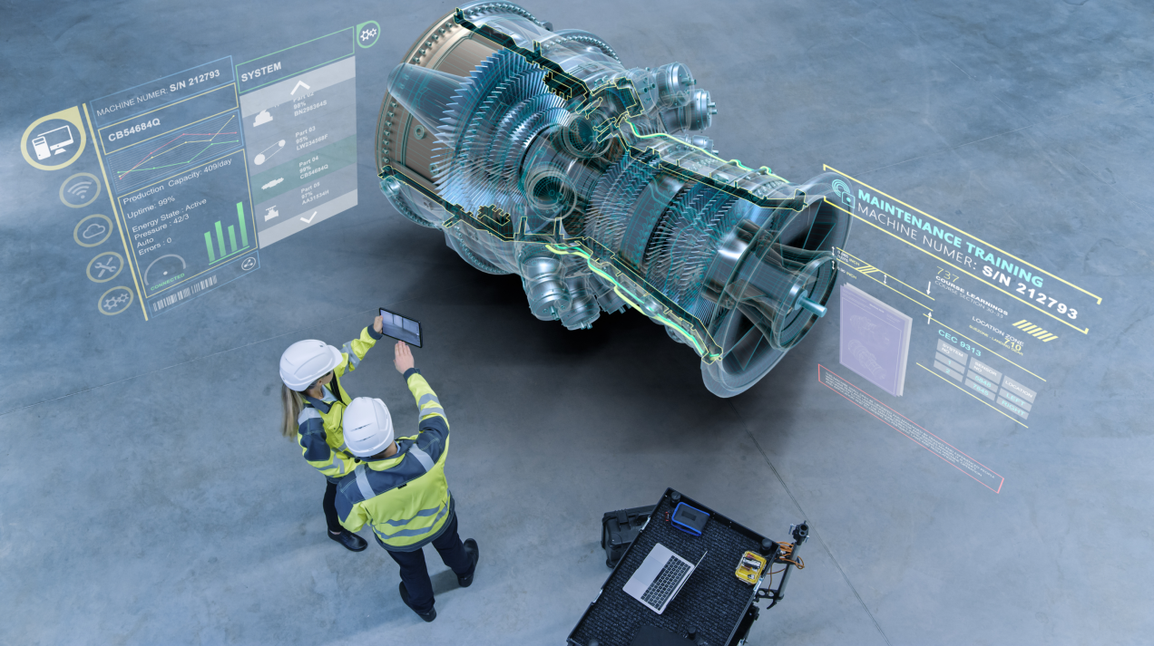 Maintenance engineers observing the conditions of a digital twin turbine