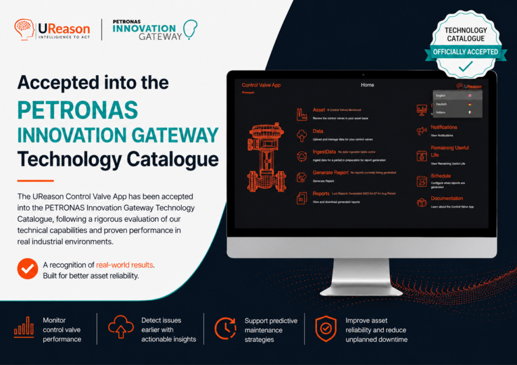 Announcement graphic: the UReason Control Valve App accepted into the PETRONAS Innovation Gateway Technology Catalogue, with a screenshot of the app home screen and icons for monitoring valve performance, detecting issues earlier, supporting predictive maintenance and improving asset reliability.