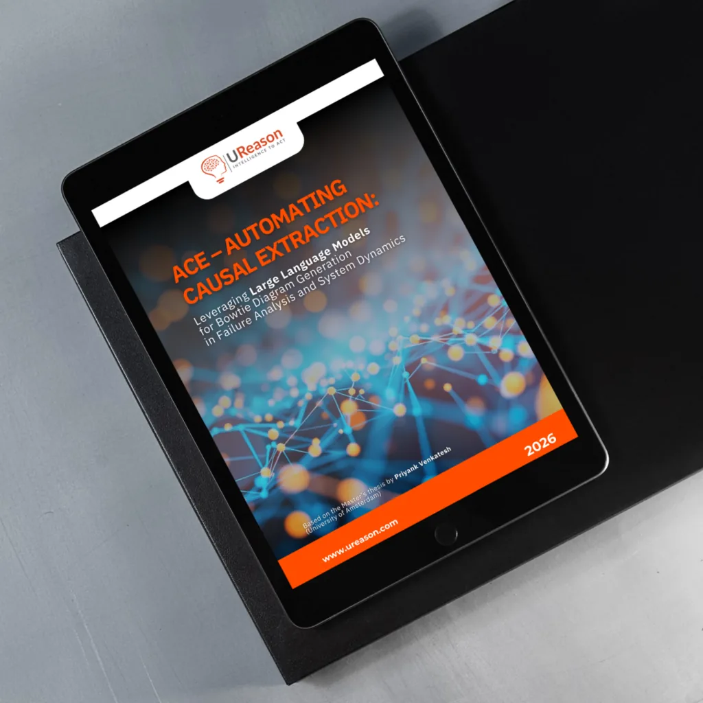 Tablet on a desk displaying the cover of the UReason eBook 'ACE - Automating Causal Extraction: leveraging large language models for bowtie diagram generation in failure analysis and system dynamics', 2026 edition.