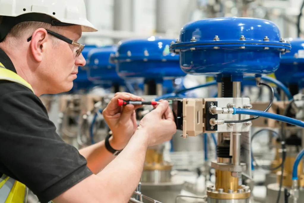 Technician adjusting a positioner on a blue control valve actuator with a screwdriver.