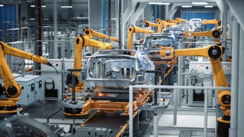Automotive assembly line with rows of robotic welding arms working on car bodies.