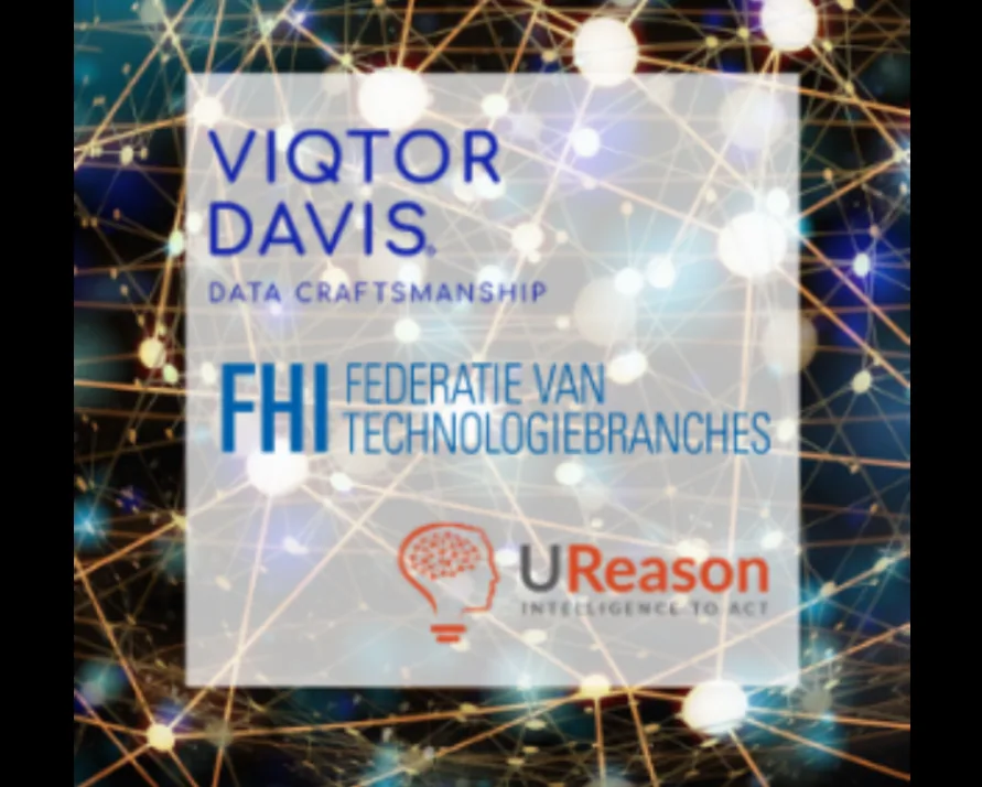 Viqtor Davis, FHI Federatie van Technologiebranches and UReason logos over an abstract background of connected glowing nodes.