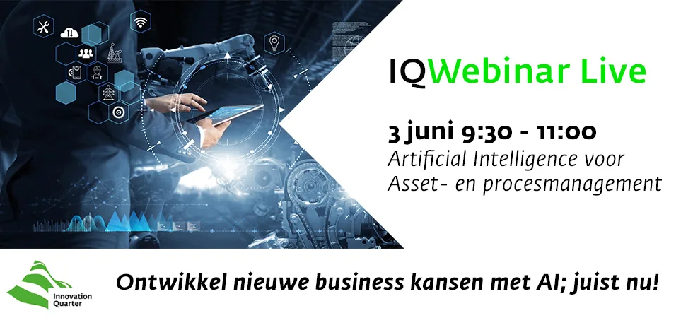IQWebinar Live promotion card: 'Artificial Intelligence voor Asset- en procesmanagement', 3 June from 9:30 to 11:00, with the Innovation Quarter logo and the line 'Ontwikkel nieuwe business kansen met AI; juist nu!'