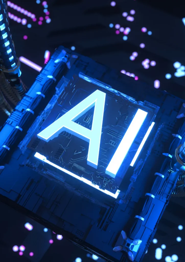 Glowing letters AI on a stylised microchip surrounded by blue circuitry.