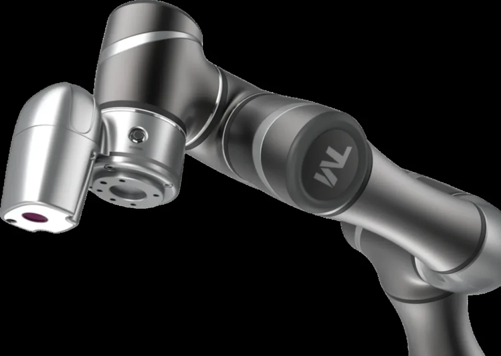 Collaborative robot arm in brushed metal, shown against a black background.