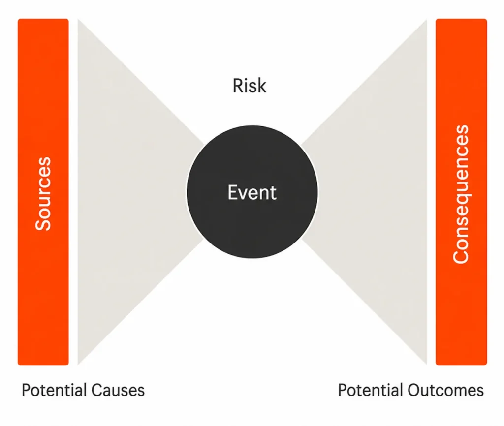 Bowtie diagram with sources and potential causes on the left, a central risk event, and consequences and potential outcomes on the right.