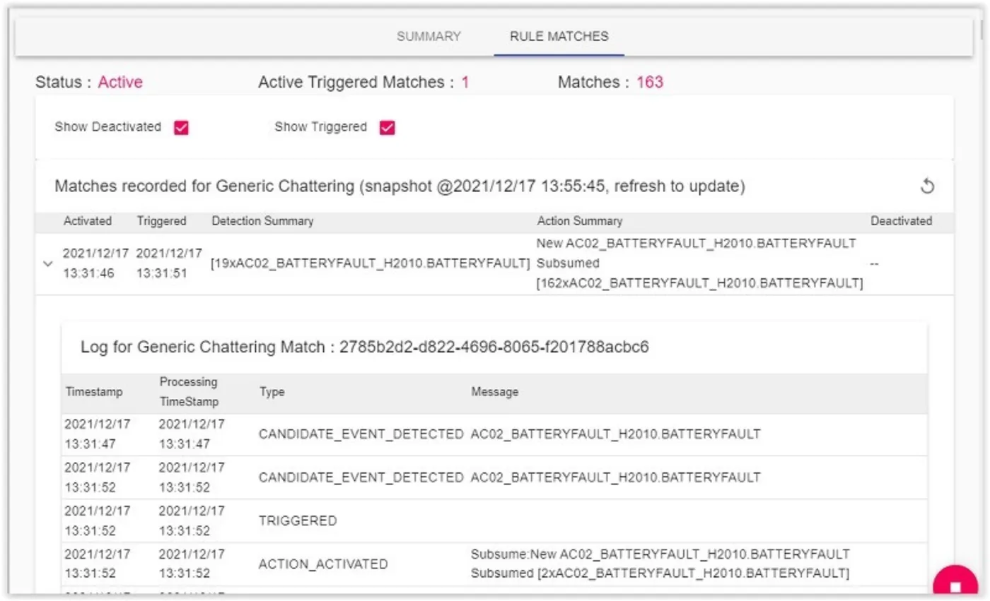 Built-In Alarm & Event Management A rule match log in APM Studio showing active triggered matches, detection summaries, and timestamps for a generic chattering event, including candidate event detections, triggers, and actions.