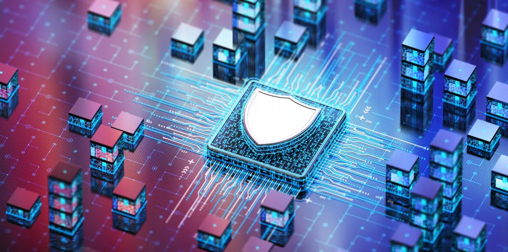 Conceptual illustration of built-in security: a glowing shield on a microchip at the centre of a circuit board, surrounded by data blocks and light trails.