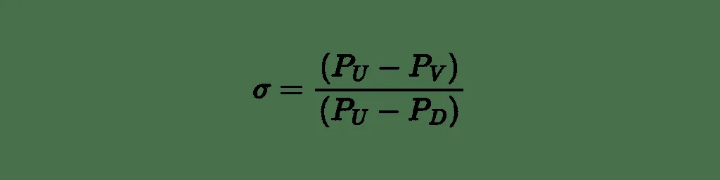 Formula for the cavitation index sigma, equal to the upstream pressure minus the vapour pressure, divided by the upstream pressure minus the downstream pressure.