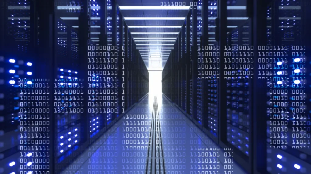 Data centre aisle between server racks, overlaid with columns of binary digits.