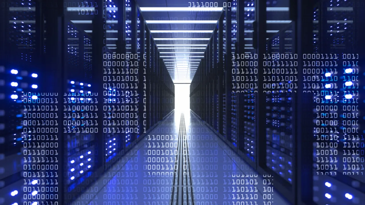 Citizen Data Science – a Driver for Better IoT and CEP Solutions Visual representation of real-time data processing in a server room, illustrating binary code streams and digital infrastructure relevant to citizen data scientists.