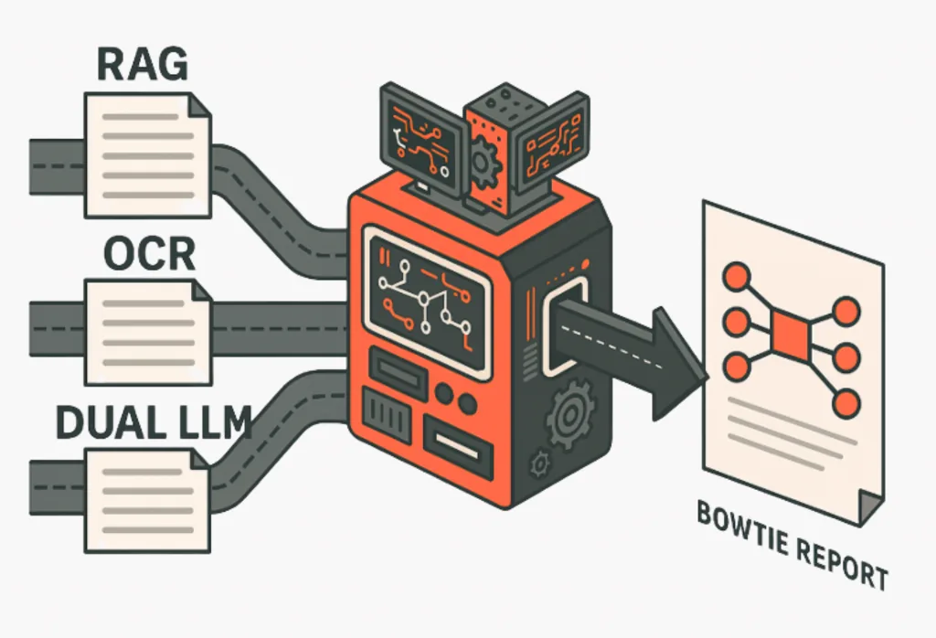 Illustration of three input pipelines labelled RAG, OCR and Dual LLM feeding a machine that outputs a bowtie report.