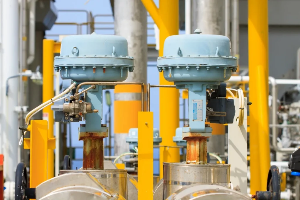 Control valves with pneumatic actuators mounted on pipework in a district heating station.