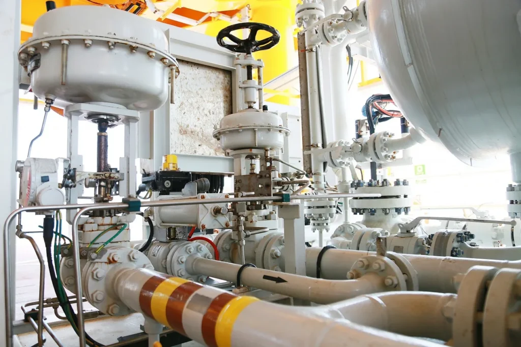 Industrial control valves with large actuators installed on insulated pipework at a process plant.