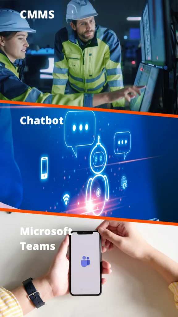 Three-panel graphic labelled CMMS, Chatbot and Microsoft Teams: engineers at a control screen, a chatbot illustration with speech bubbles, and hands holding a phone showing the Teams app.