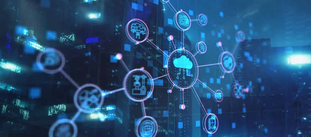 Abstract network illustration: a central cloud node linked to industrial and data icons across a dark blue circuit-like background.