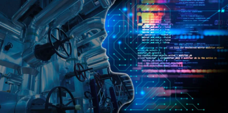 Industrial valves beside a glowing profile of a human head made of circuitry and lines of code.