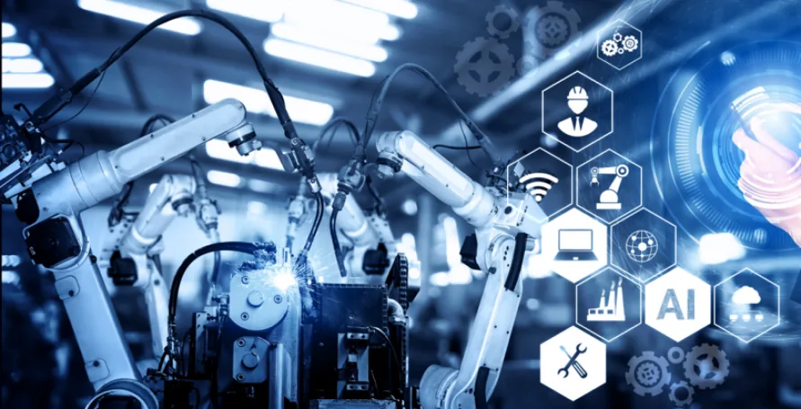 Robotic welding arms on a production line, overlaid with hexagonal icons for AI, robotics, connectivity, cloud and maintenance.