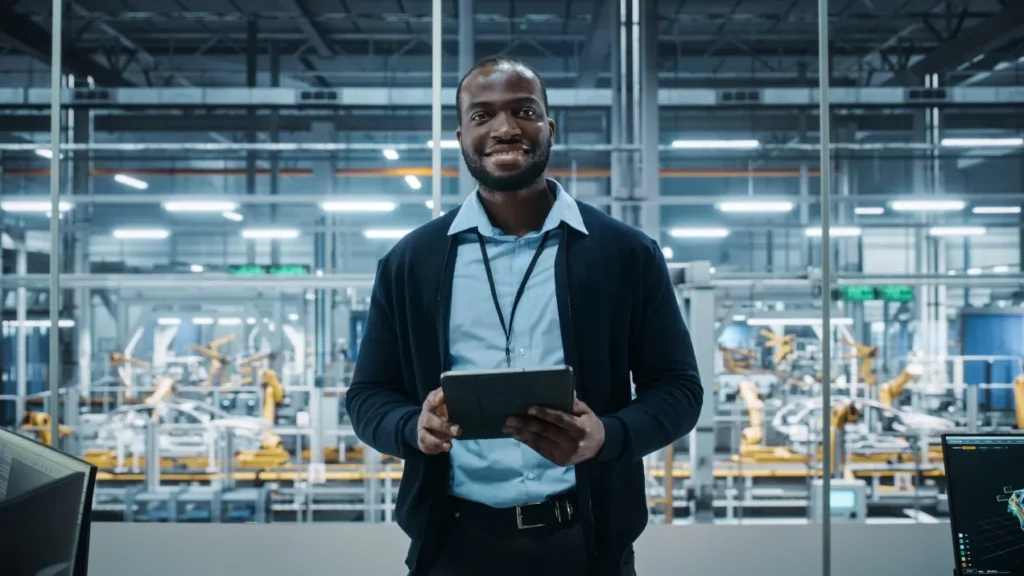 Manager holding a tablet on a factory floor, with automated production lines behind.