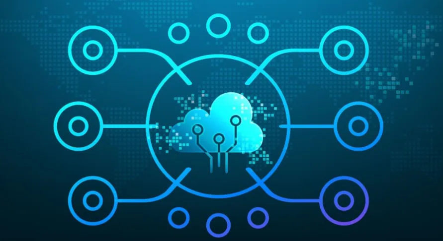 Edge computing illustration: a central cloud icon connected to six surrounding nodes.