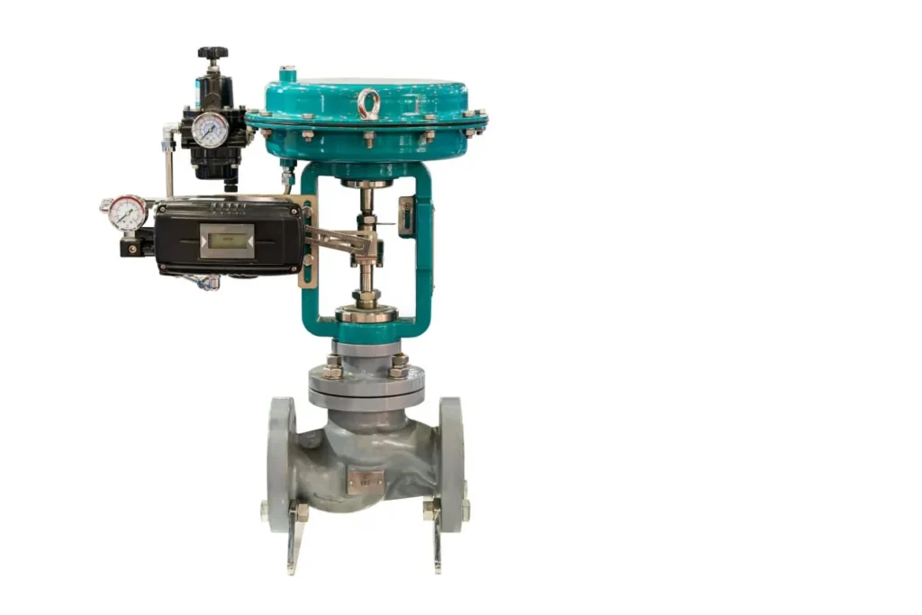 Pneumatic control valve with a green actuator, positioner and air filter regulator, shown against a white background.