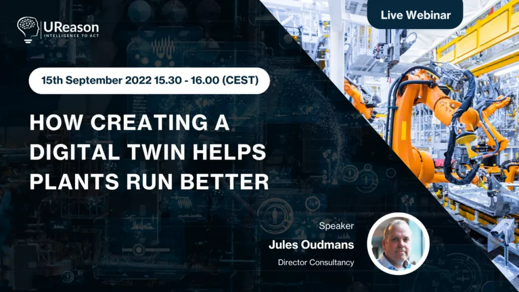 UReason live webinar promotion card: 'How creating a digital twin helps plants run better', 15 September 2022 from 15:30 to 16:00 CEST, with the speaker Jules Oudmans and a photograph of robotic assembly arms.