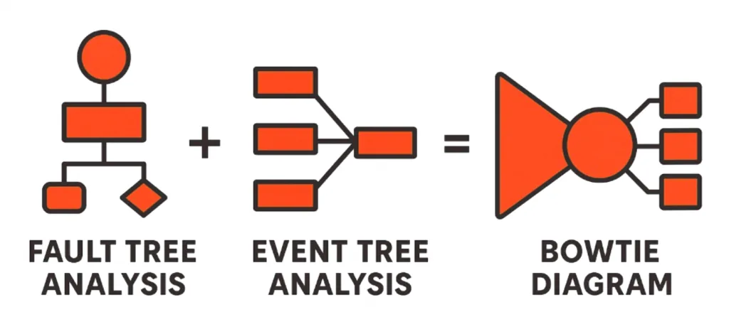 Diagram showing fault tree analysis plus event tree analysis combining to form a bowtie diagram.