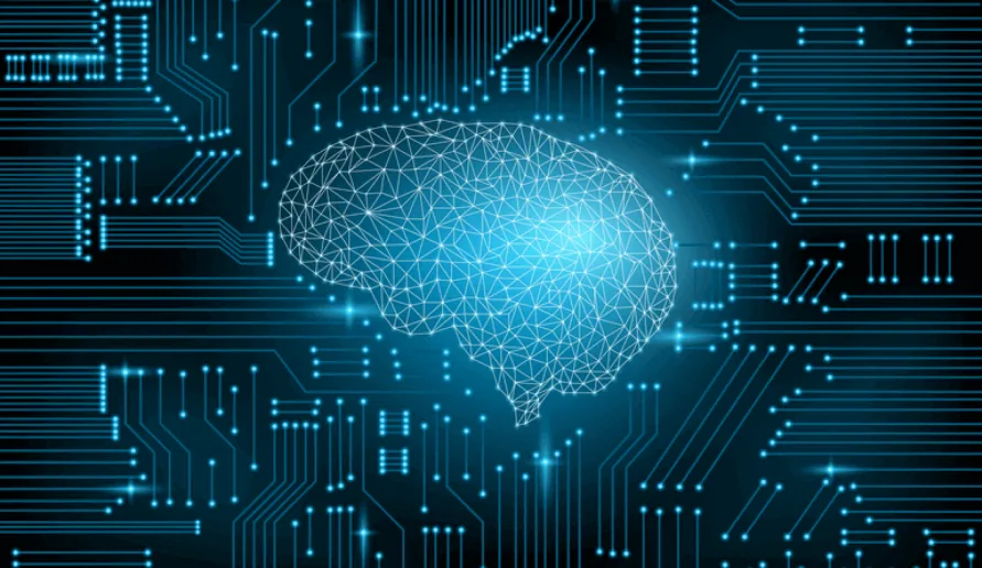 Glowing wireframe brain on a circuit board background, representing machine learning.