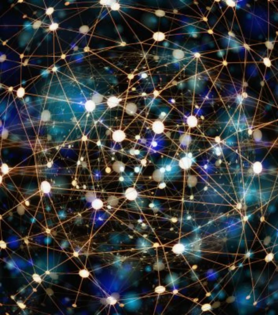 Abstract network of glowing nodes connected by orange and blue lines.