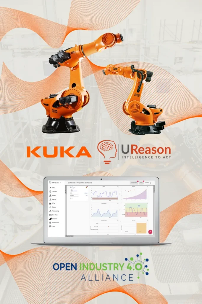 KUKA and UReason partnership graphic: two orange industrial robot arms above a laptop showing an APM Studio pump dashboard, with the Open Industry 4.0 Alliance logo beneath.
