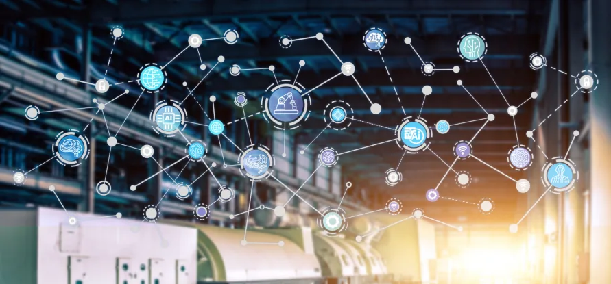 Industrial workshop overlaid with a network of connected nodes and icons representing machine data and monitoring.