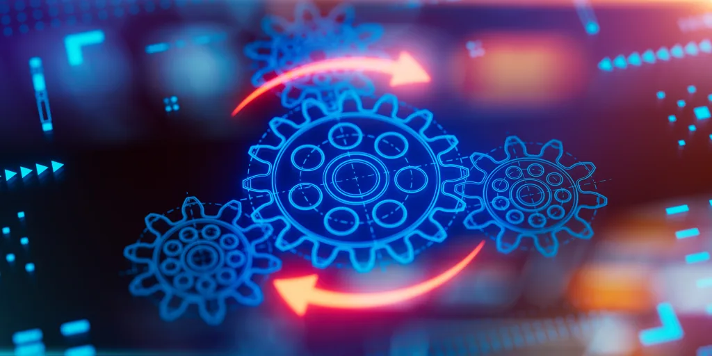 Abstract illustration of interlocking gears with circular arrows, on a blue and magenta digital background.