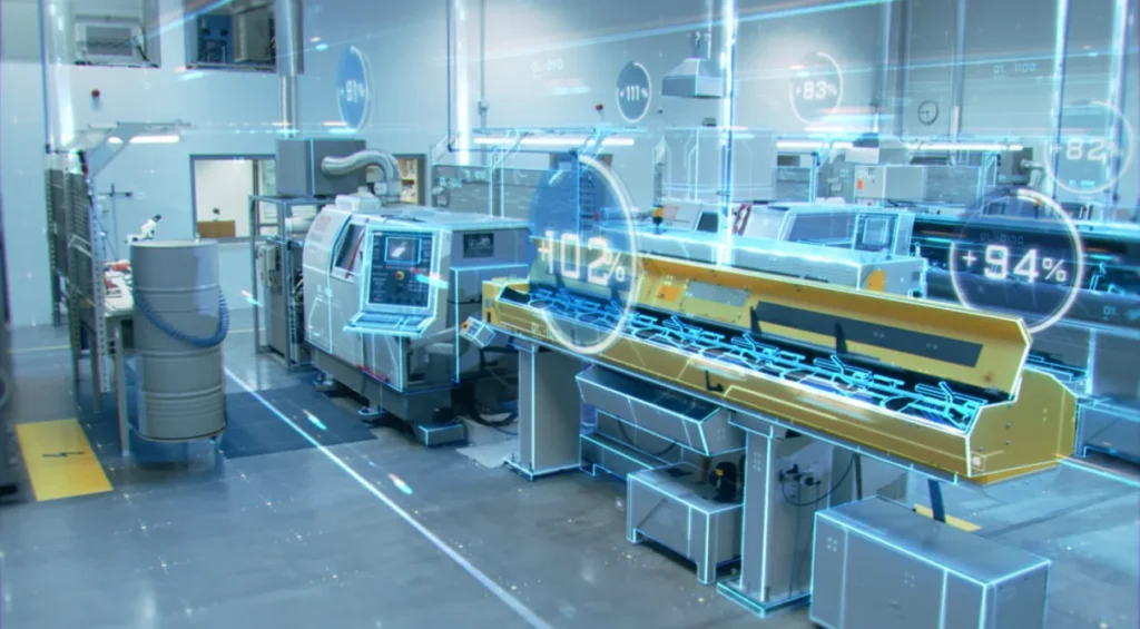 Machine shop with CNC lathes, overlaid with translucent blue data panels showing performance percentages above each machine.
