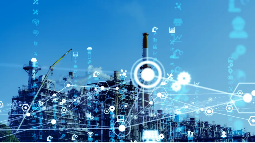 Offshore platform at dusk overlaid with a network of connected nodes and industrial icons.
