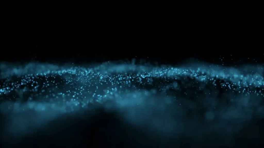 Abstract illustration of a flowing band of glowing blue particles on a black background.