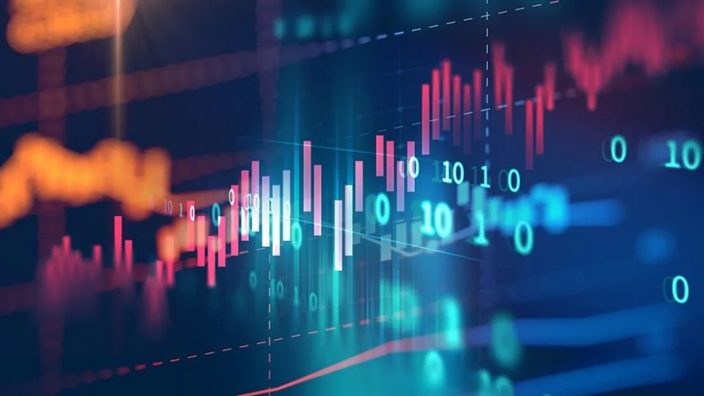 Financial-style candlestick chart in pink and blue over binary digits.