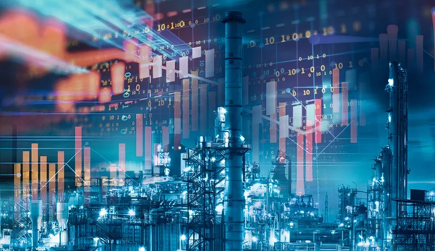 Refinery at dusk overlaid with bar charts, binary digits and data graphics.