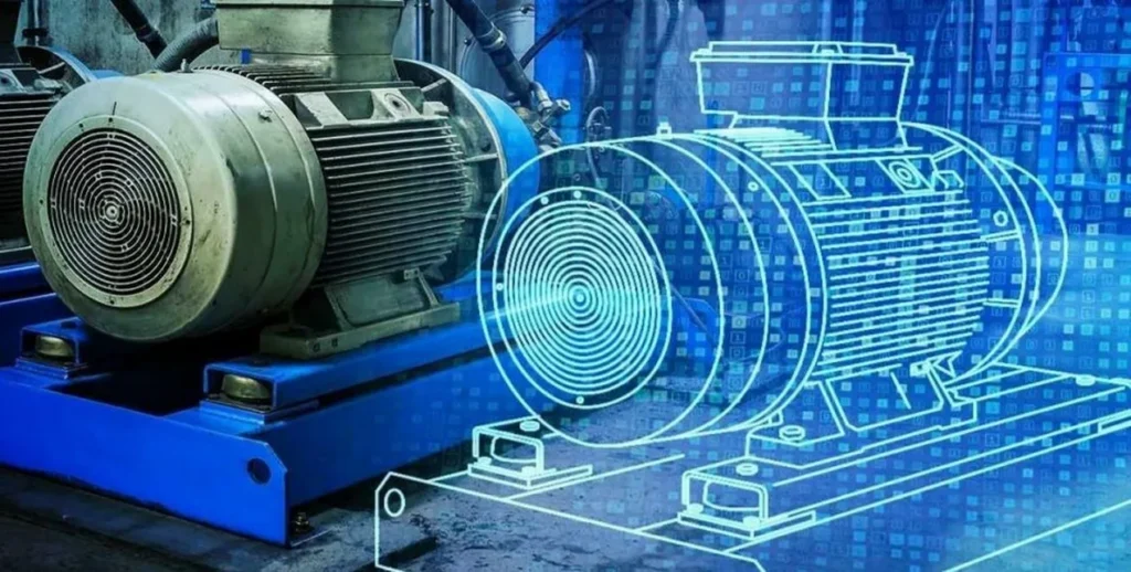 Electric motor on a blue base beside a glowing wireframe digital twin of the same motor on a data background.