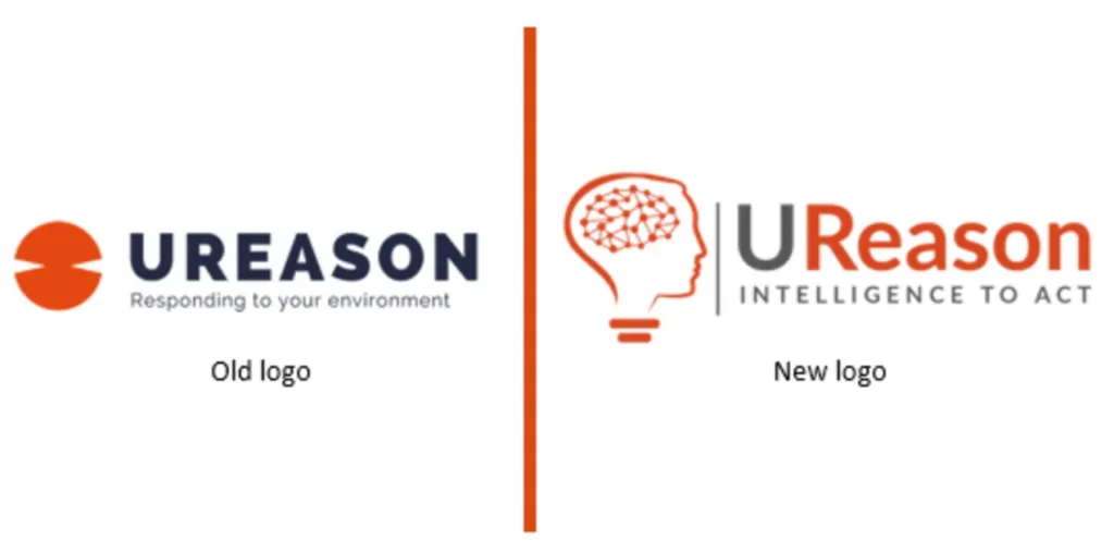 UReason logo comparison: the old wordmark with the strapline 'Responding to your environment' beside the new logo, a head containing a network and a lightbulb, with the strapline 'Intelligence to act'.