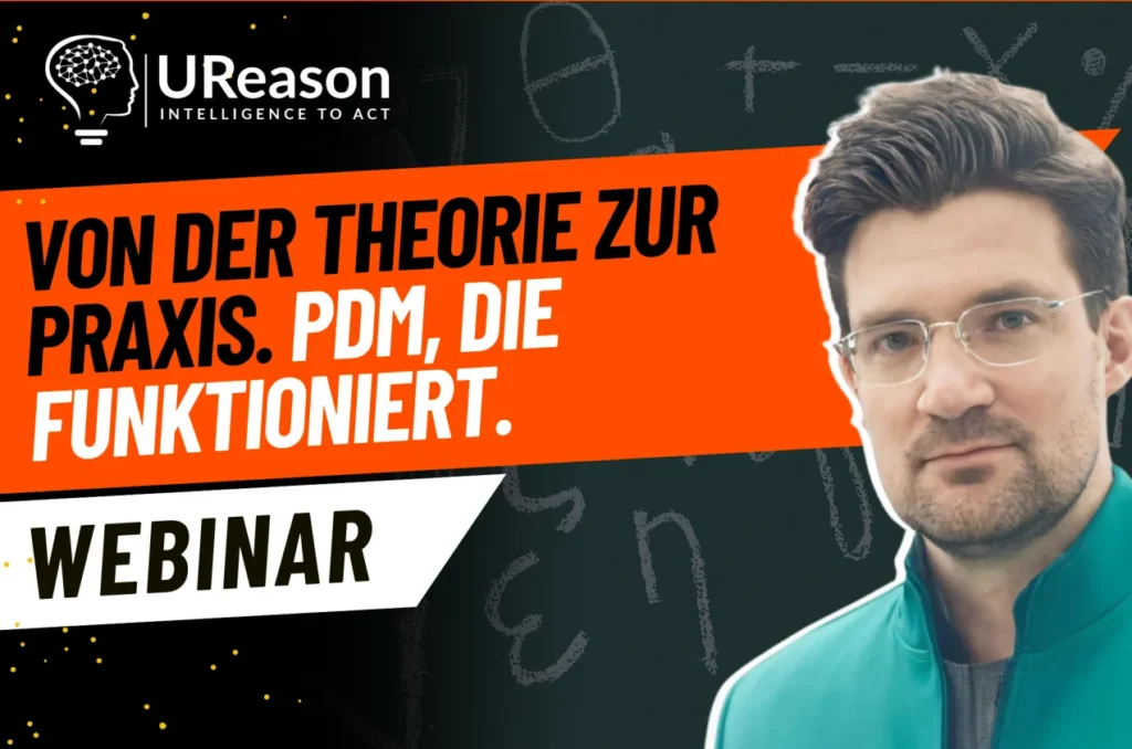 UReason webinar title card reading 'Von der Theorie zur Praxis. PdM, die funktioniert.', with a presenter against a chalkboard background.