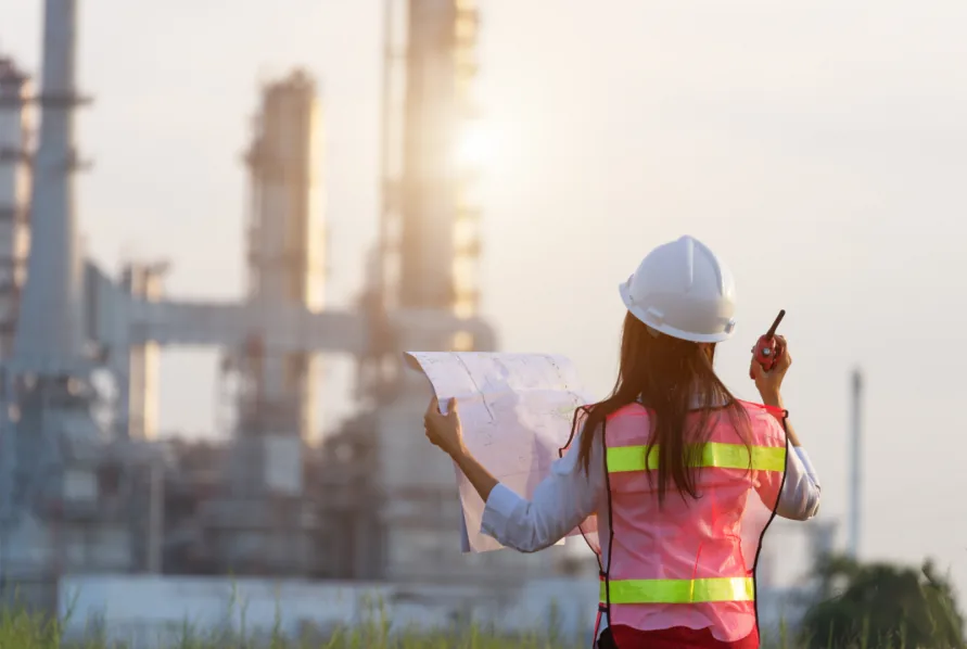 Engineer in a hard hat and high-visibility vest holding a drawing and a radio, looking toward a refinery at sunrise.