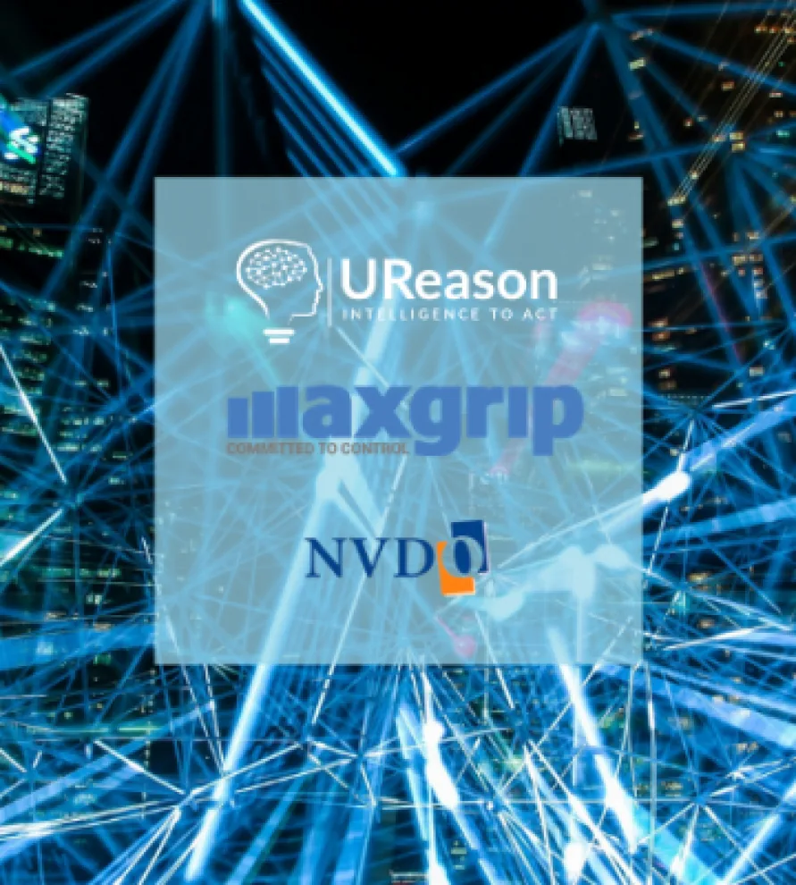 UReason, Maxgrip and NVDO logos over an abstract background of blue light trails.