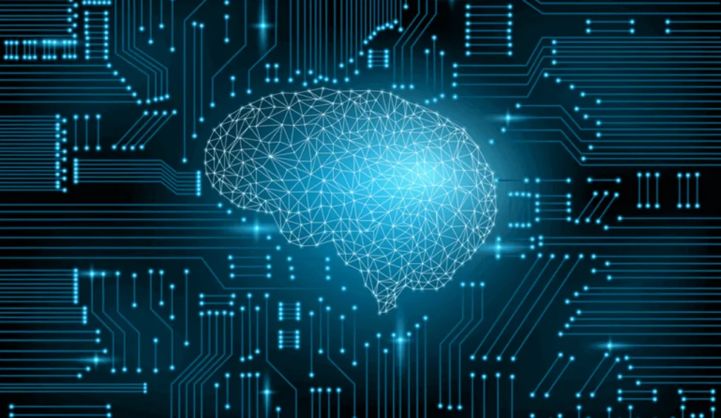 Glowing wireframe brain on a circuit board background.