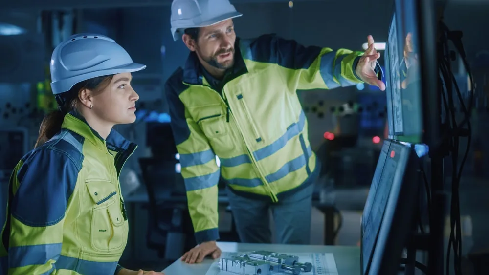 Two engineers in hard hats and high-visibility jackets discussing data on a screen in a control room.