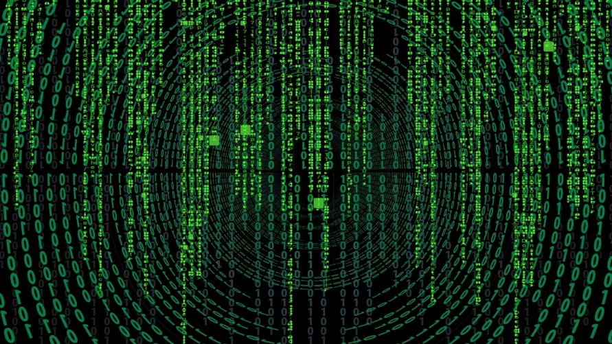 Cascading green digits on a black background, in the style of falling code.