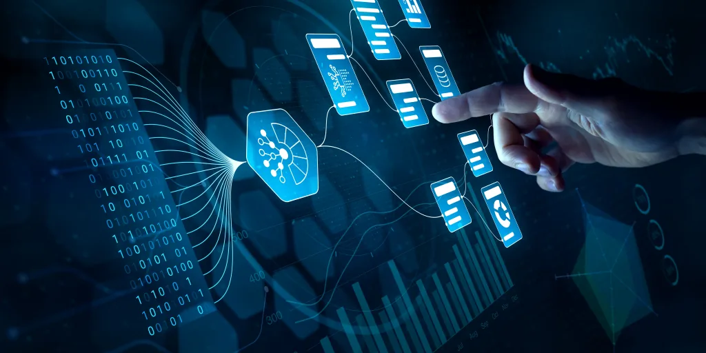 Abstract illustration of data processing: streams of binary digits converging on a processing node, which fans out into document and chart cards as a hand reaches toward them.